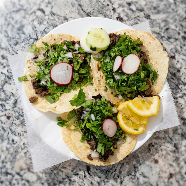 Roasted Goat (Barbacoa) Tacos.